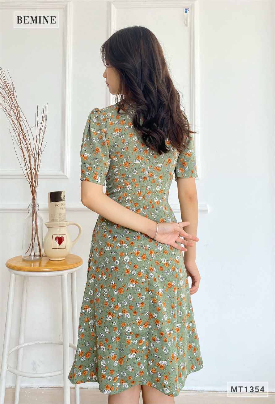 MT1354XANH - Đầm xếp ly eo đính châu