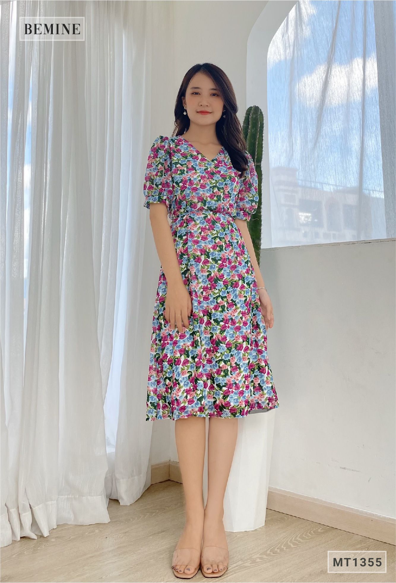 MT1355TIM - Đầm hoa cổ tym cột eo
