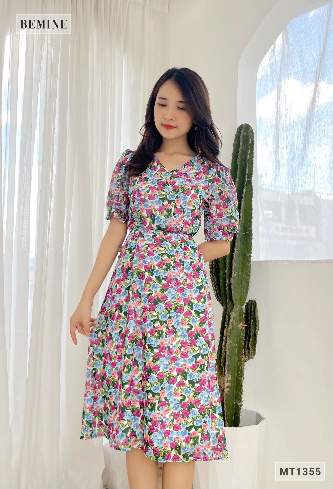 MT1355TIM - Đầm hoa cổ tym cột eo