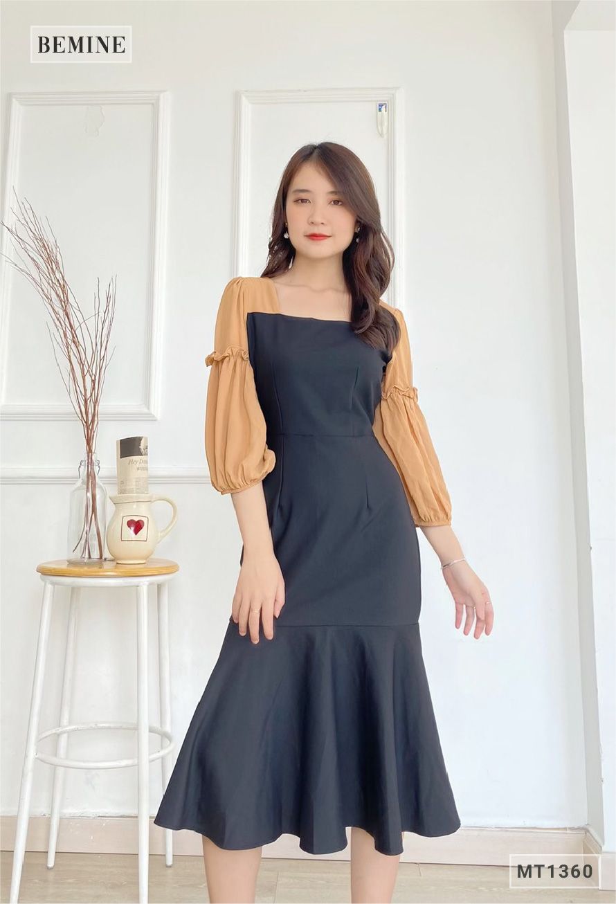 MT1360DEN - Đầm đuôi cá tay phối voan