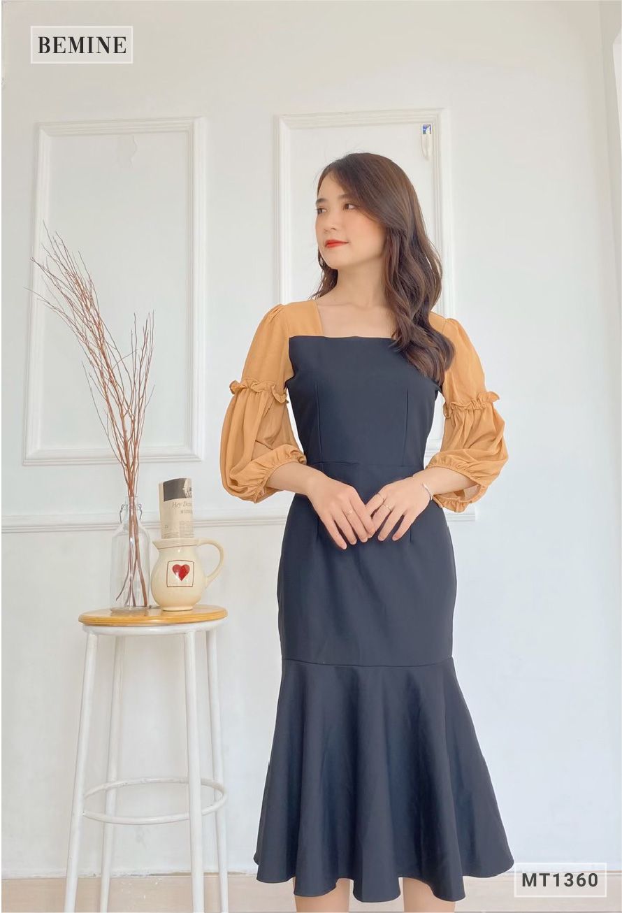 MT1360DEN - Đầm đuôi cá tay phối voan