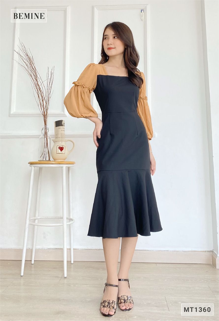 MT1360DEN - Đầm đuôi cá tay phối voan