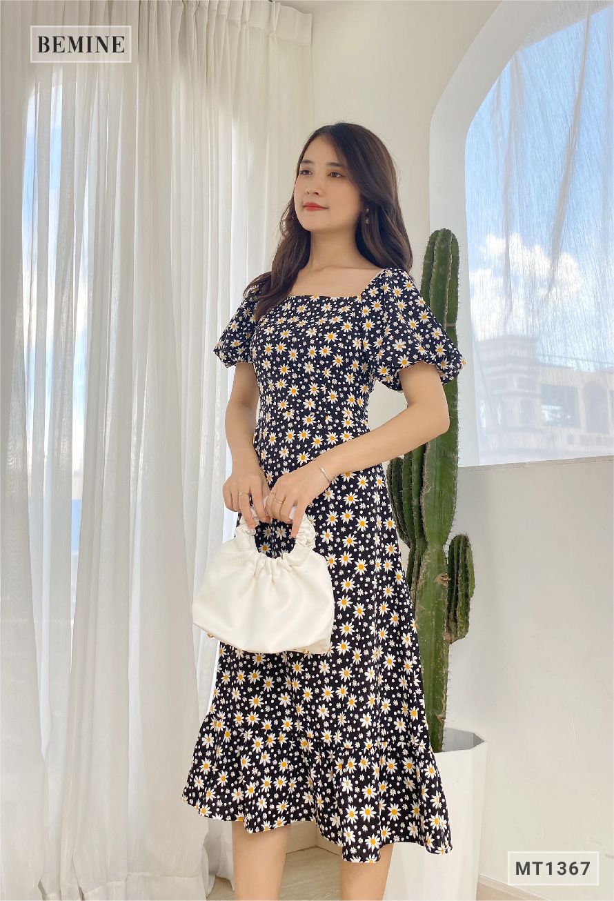 MT1367DEN - Đầm tay phồng đuôi cá