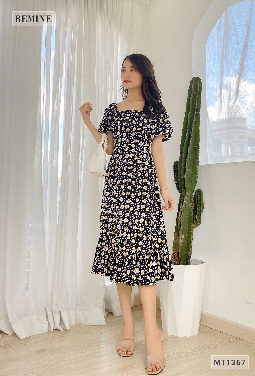 MT1367DEN - Đầm tay phồng đuôi cá