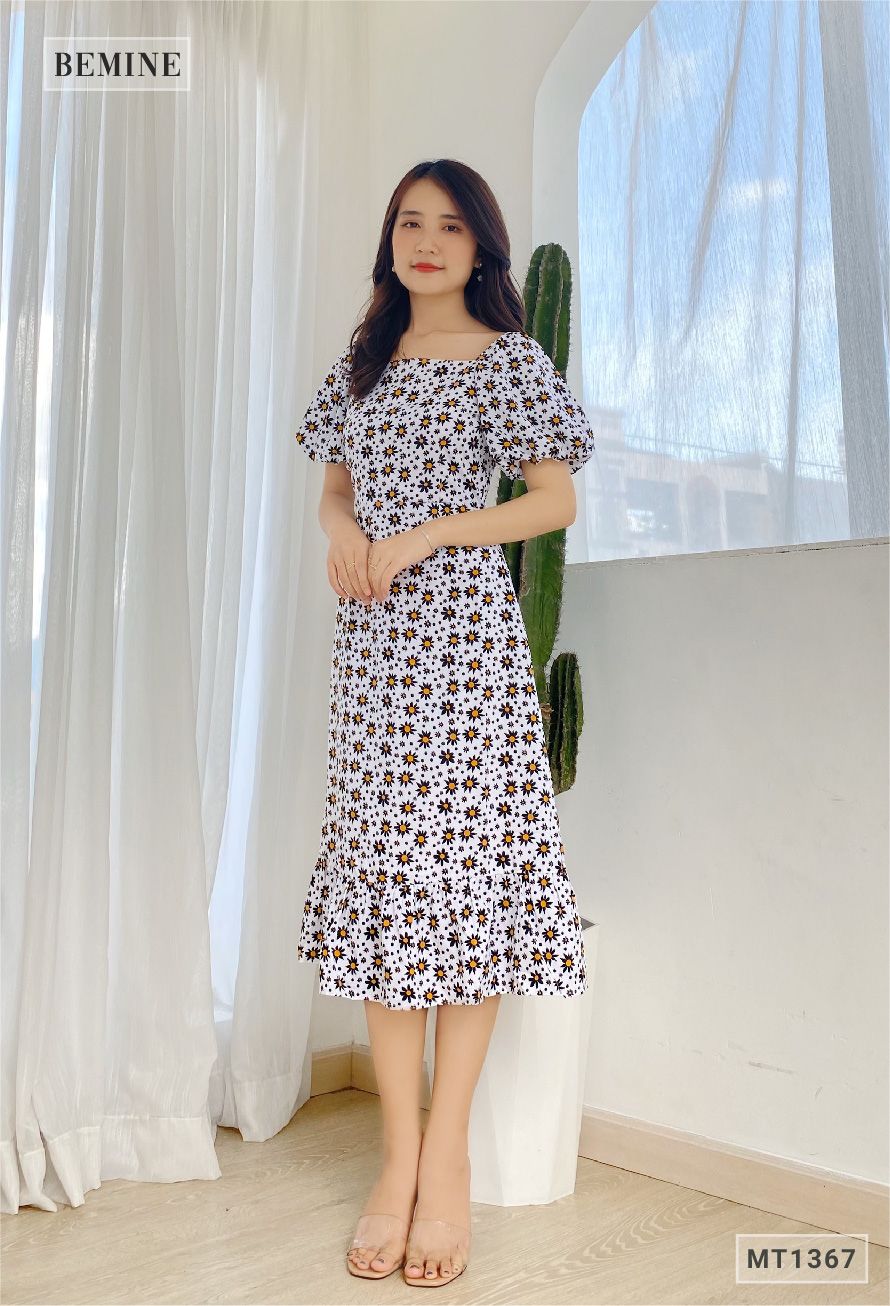 MT1367TRANG - Đầm tay phồng đuôi cá