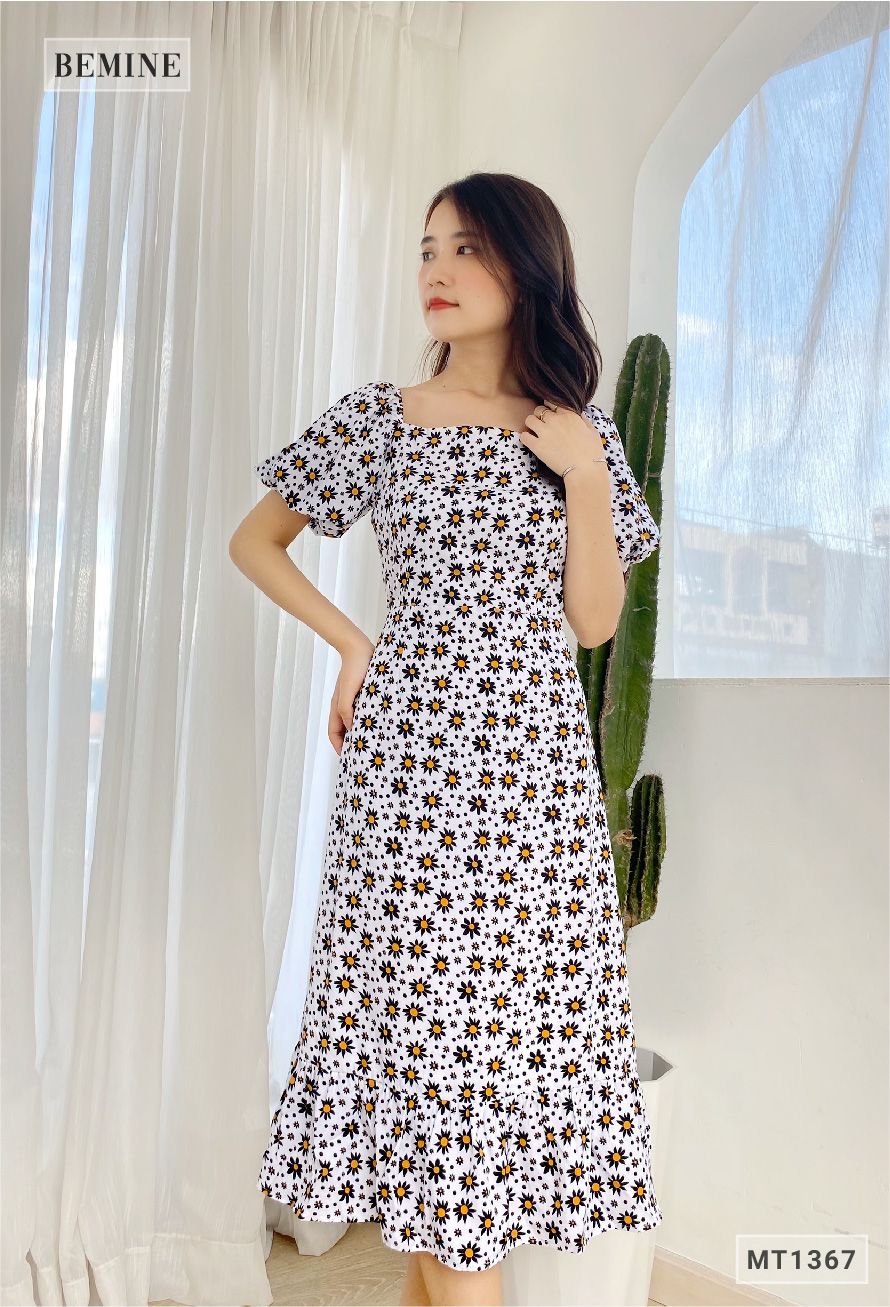 MT1367TRANG - Đầm tay phồng đuôi cá