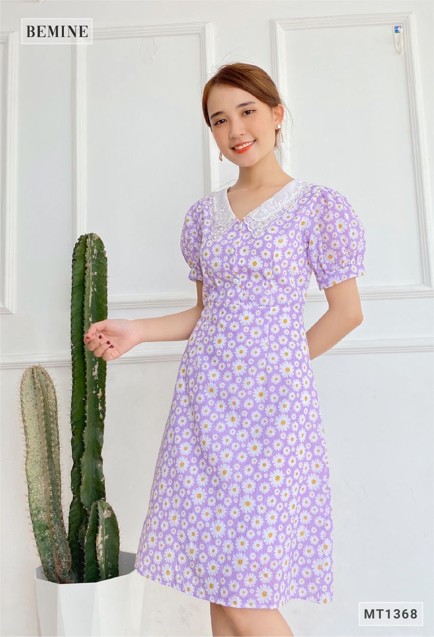 MT1368TIM - Đầm hoa cổ ren đính nút