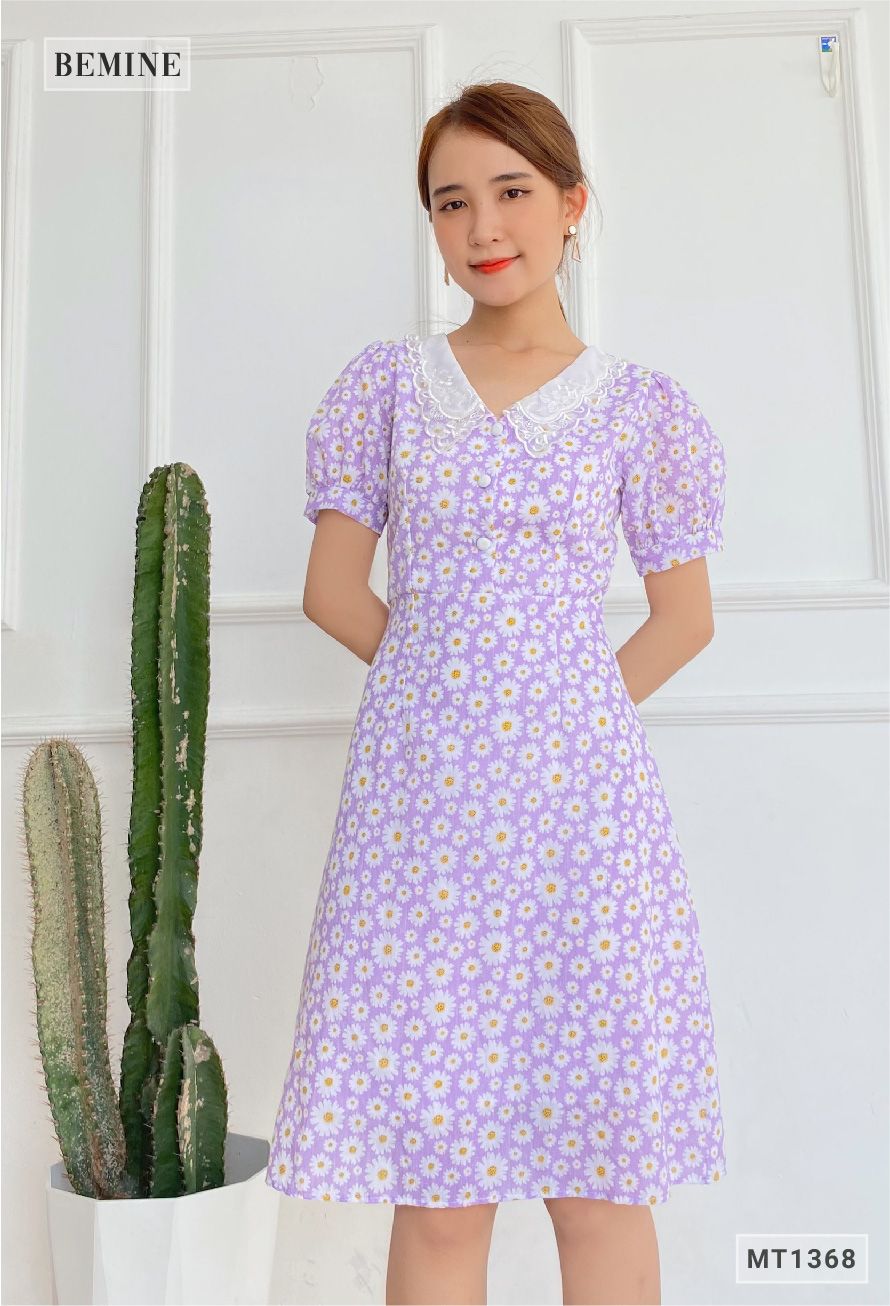 MT1368TIM - Đầm hoa cổ ren đính nút