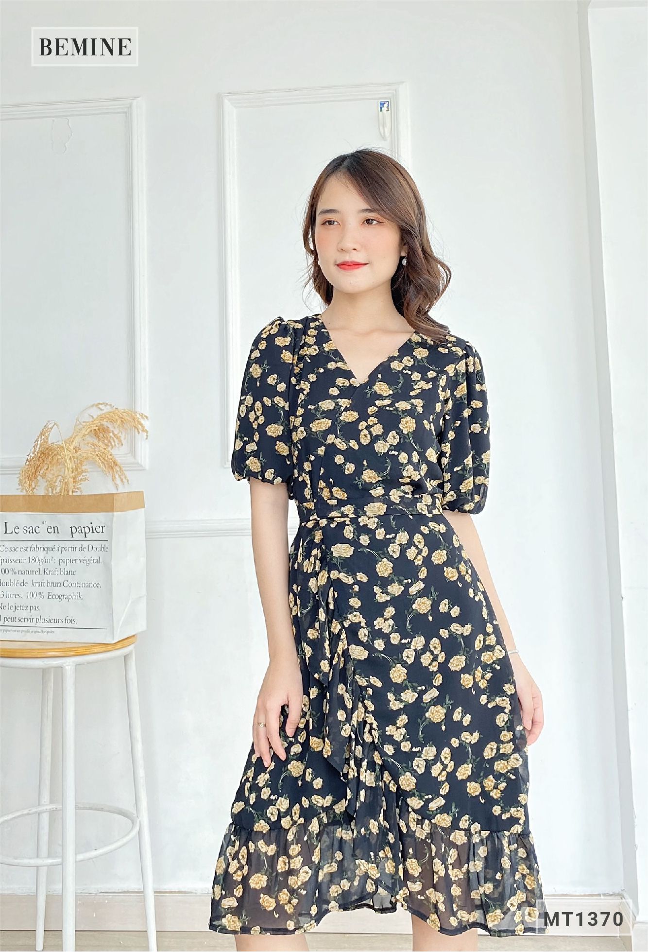 MT1370DEN - Đầm voan đắp chéo dây eo