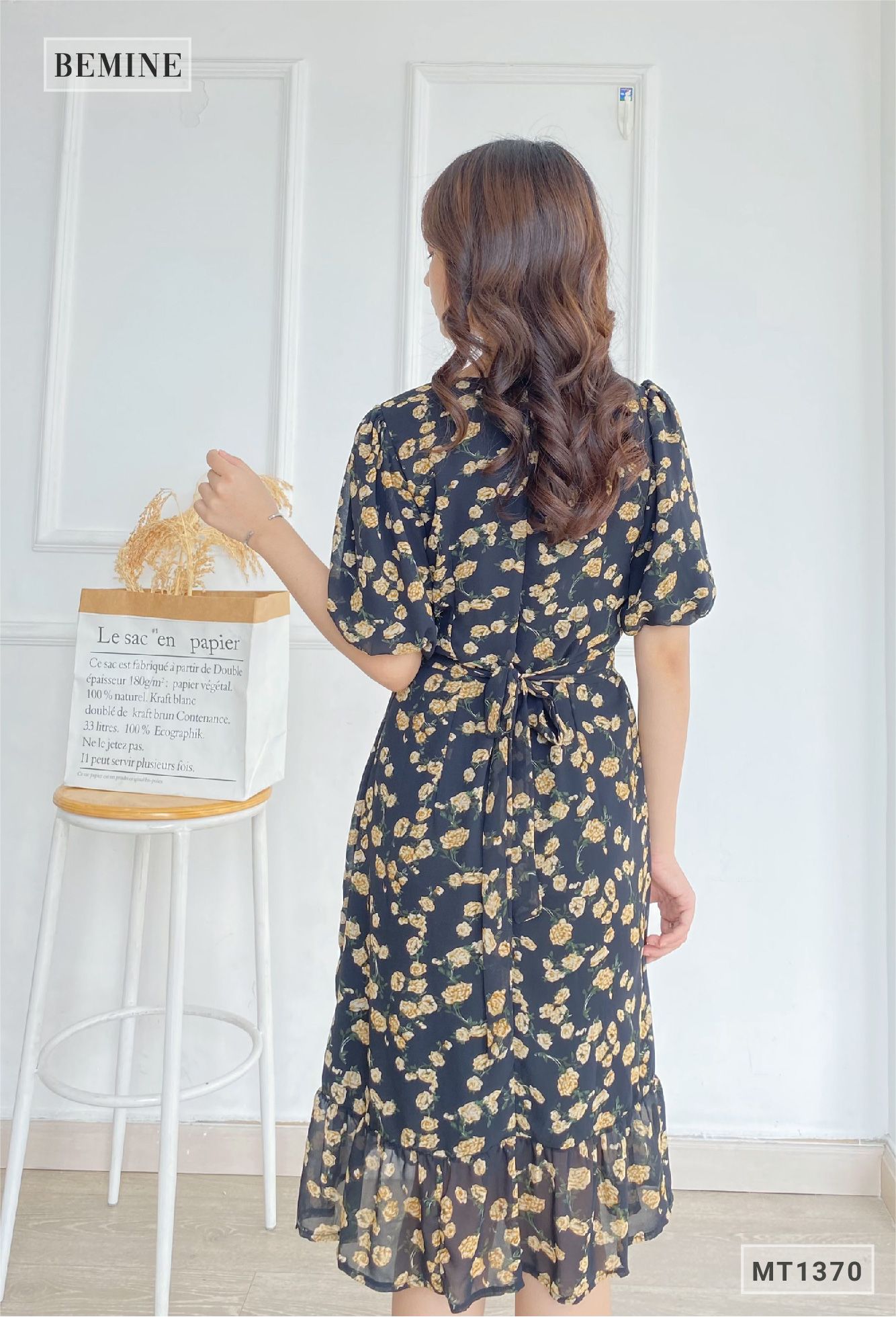 MT1370DEN - Đầm voan đắp chéo dây eo