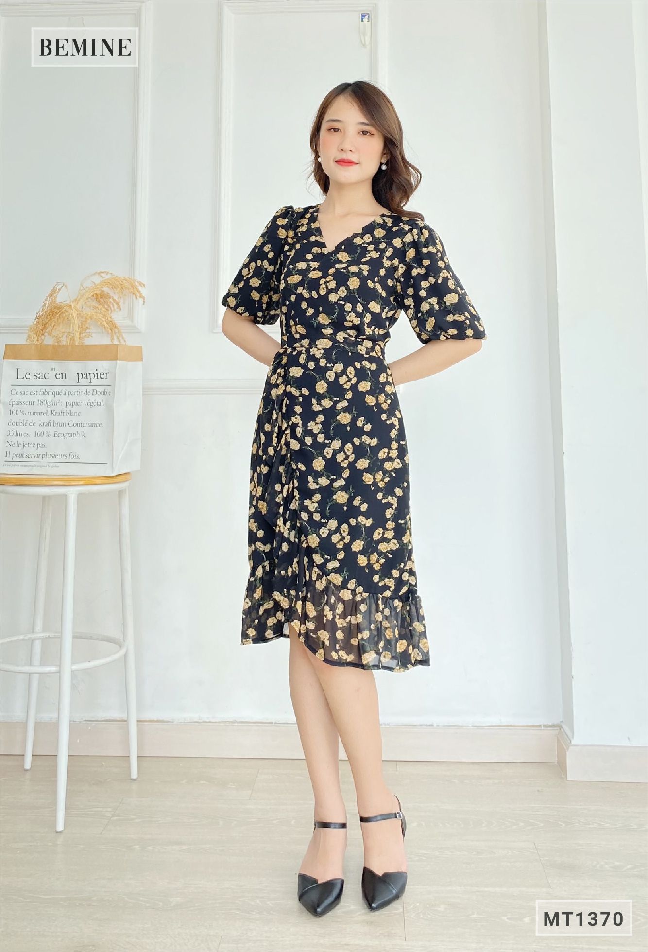 MT1370DEN - Đầm voan đắp chéo dây eo