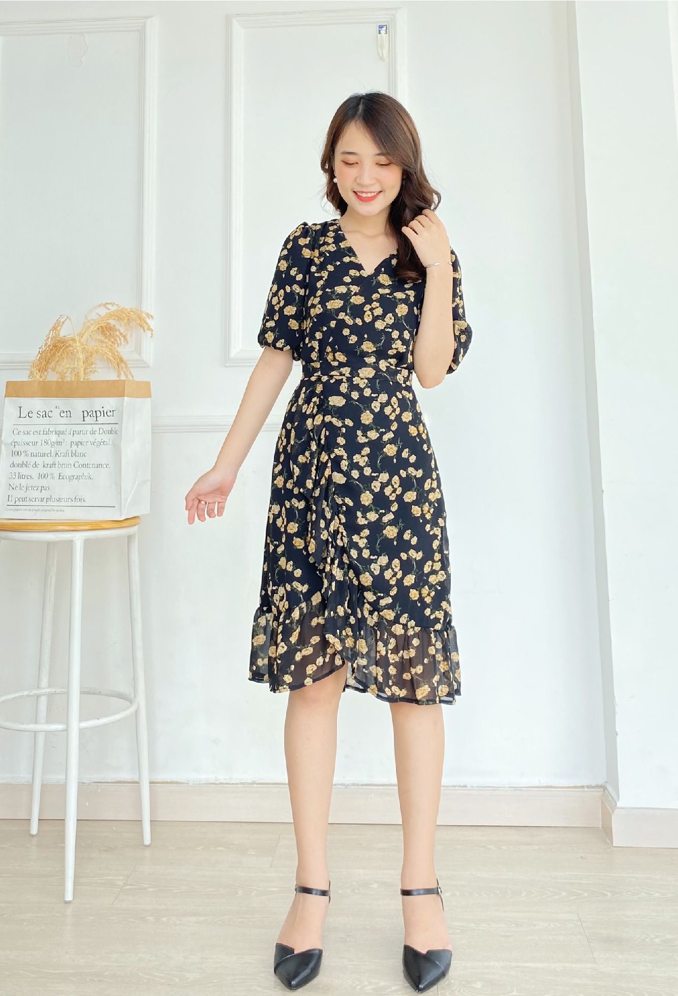 MT1370DEN - Đầm voan đắp chéo dây eo