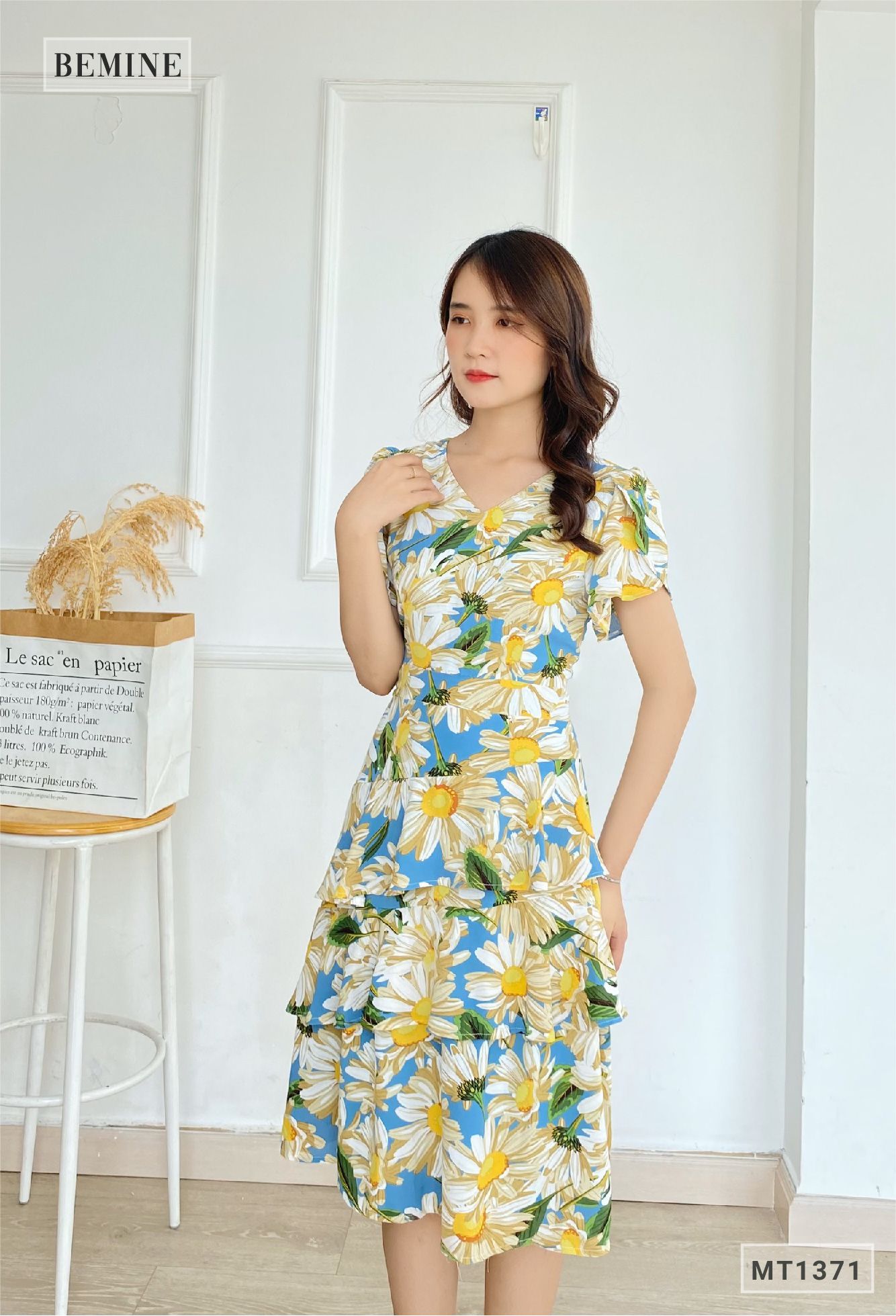 MT1371XANH - Đầm hoa cổ tym 3 tầng