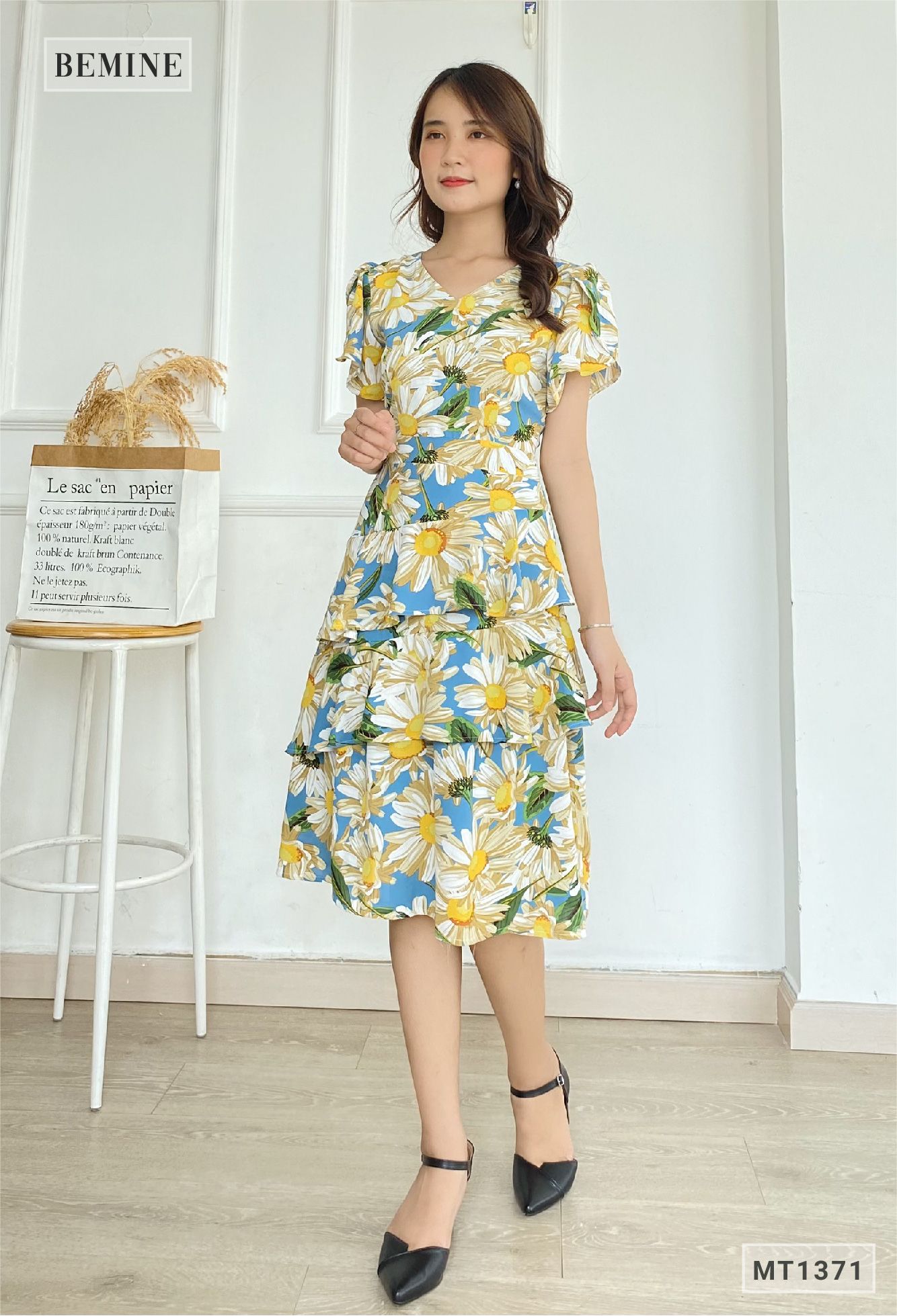 MT1371XANH - Đầm hoa cổ tym 3 tầng