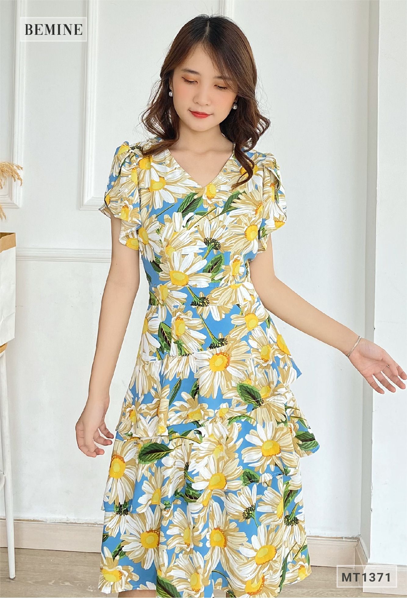 MT1371XANH - Đầm hoa cổ tym 3 tầng