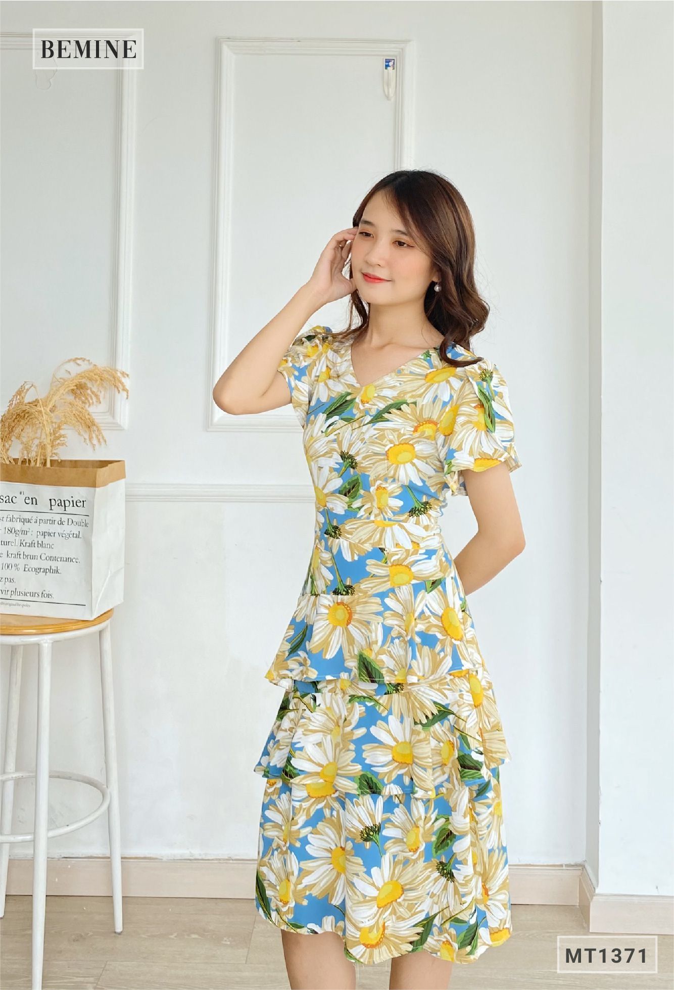 MT1371XANH - Đầm hoa cổ tym 3 tầng