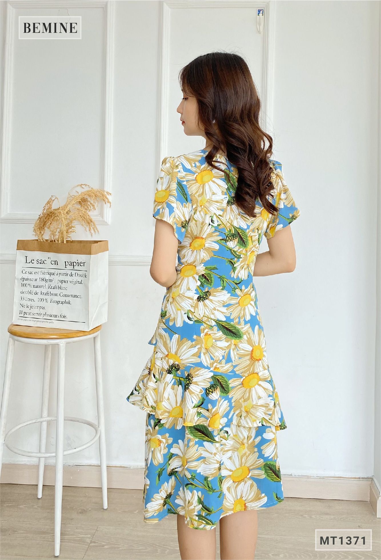 MT1371XANH - Đầm hoa cổ tym 3 tầng