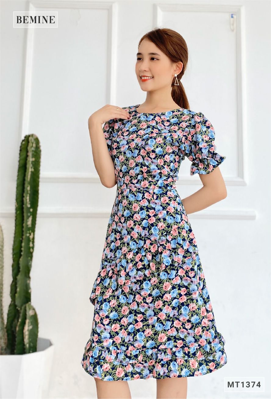 MT1374XANH - Đầm cổ tròn bèo lai 2 tầng