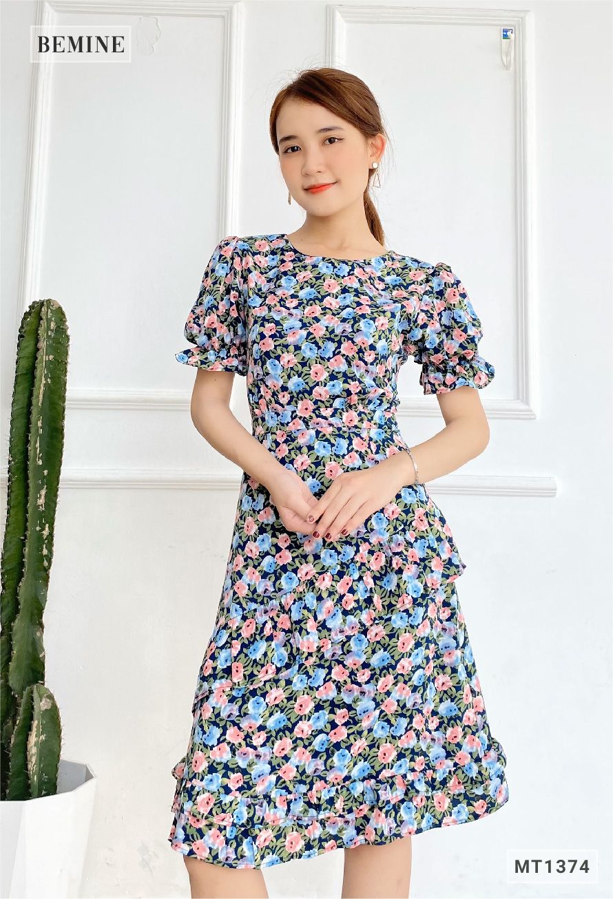 MT1374XANH - Đầm cổ tròn bèo lai 2 tầng