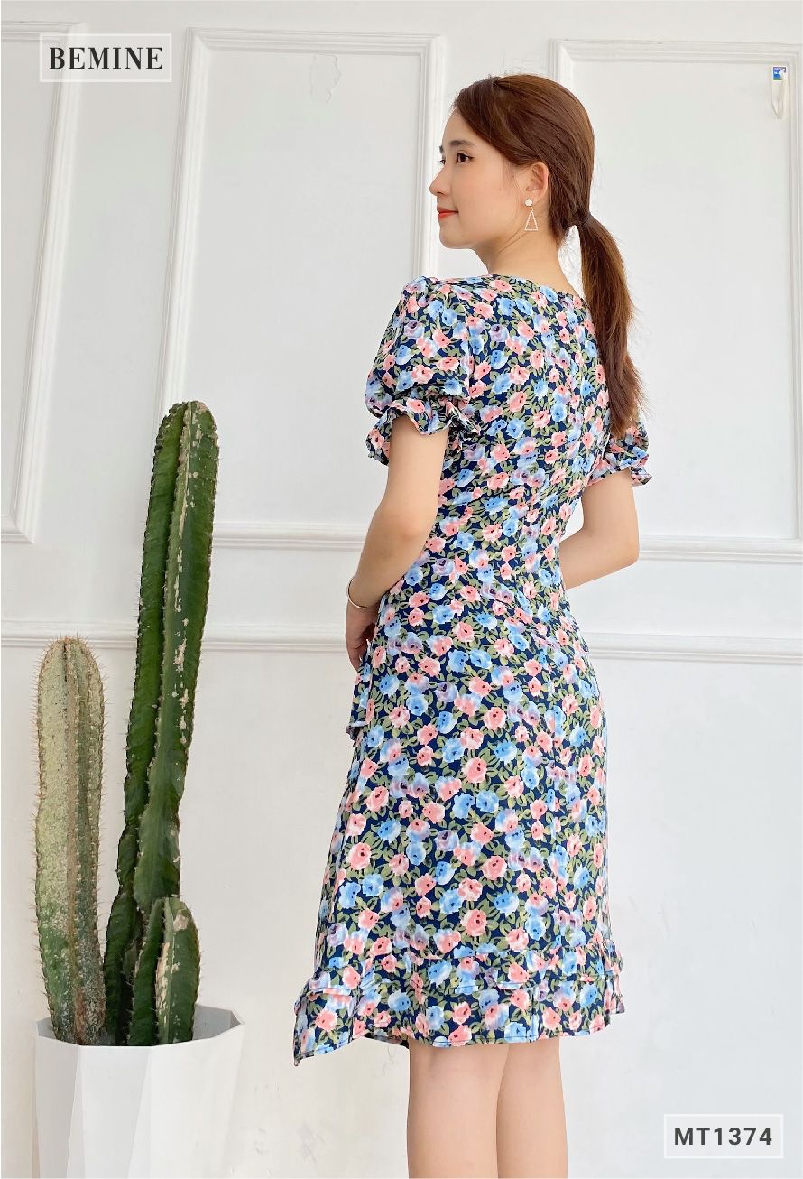 MT1374XANH - Đầm cổ tròn bèo lai 2 tầng