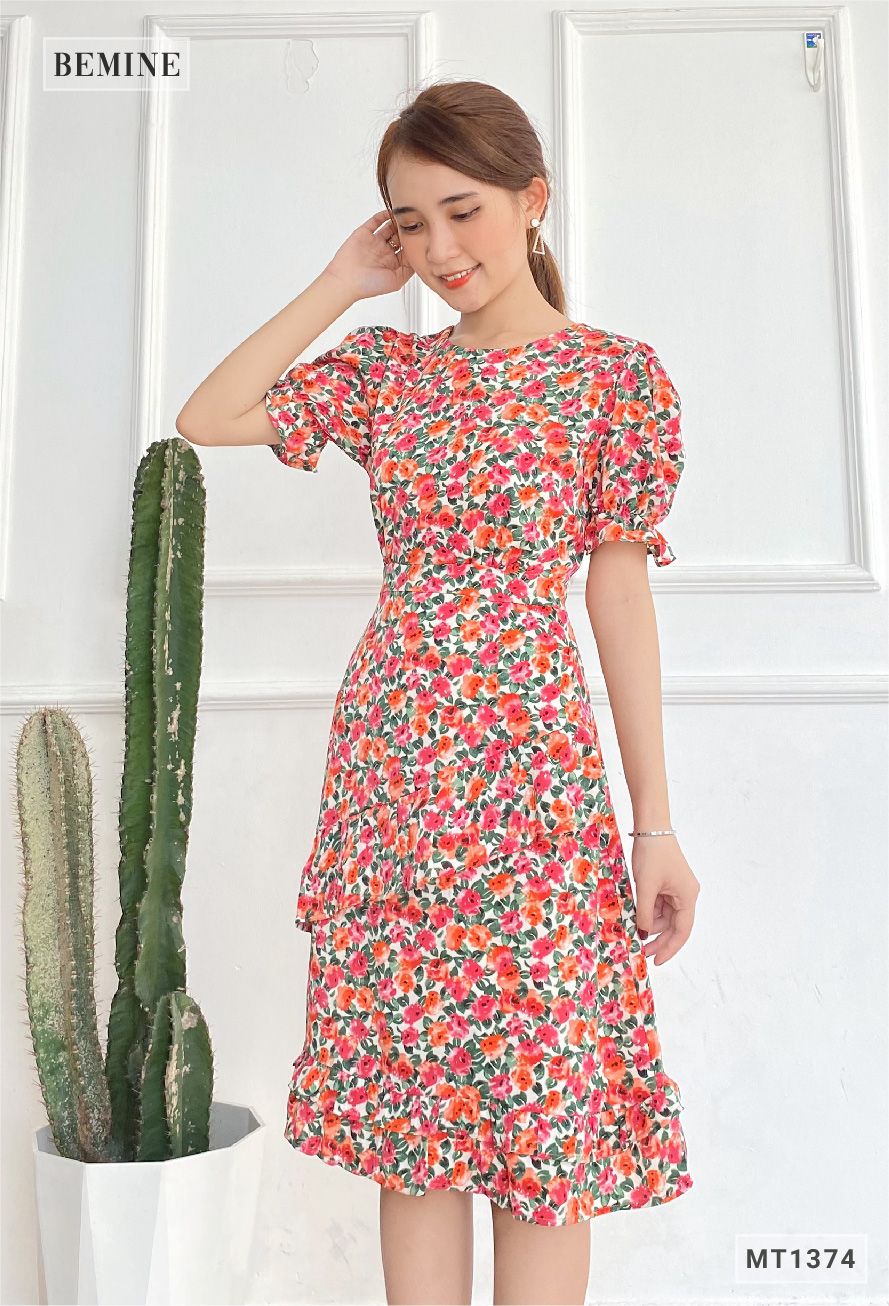 MT1374HONG - Đầm cổ tròn bèo lai 2 tầng