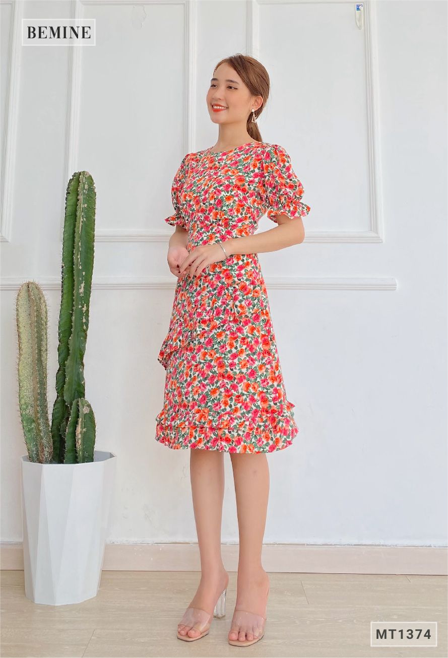 MT1374HONG - Đầm cổ tròn bèo lai 2 tầng