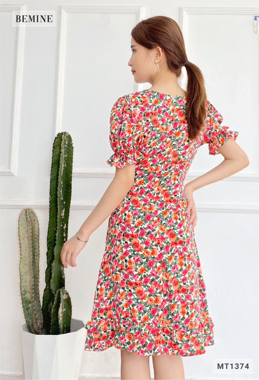 MT1374HONG - Đầm cổ tròn bèo lai 2 tầng