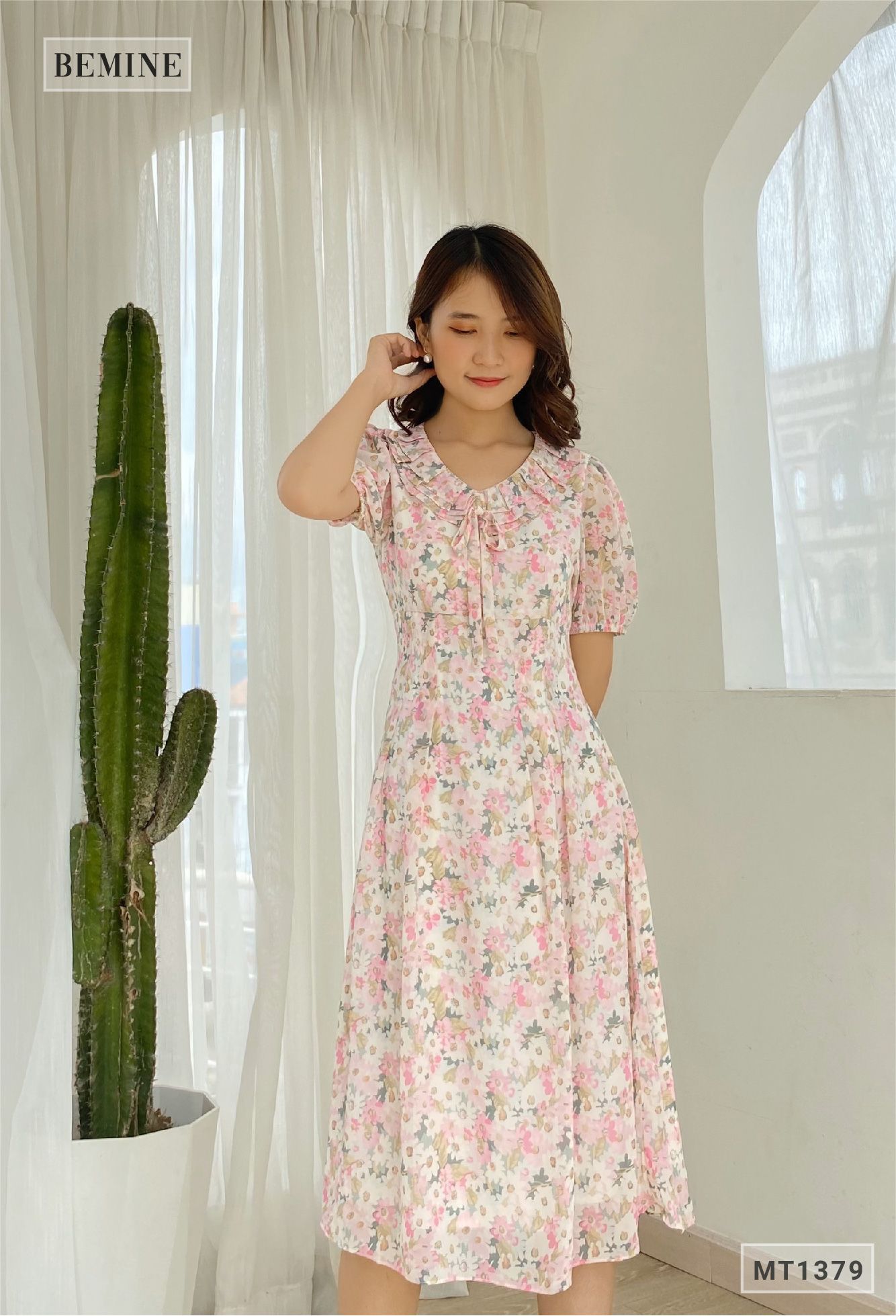 MT1379HONGSEN - Đầm hoa cổ tym có nơ