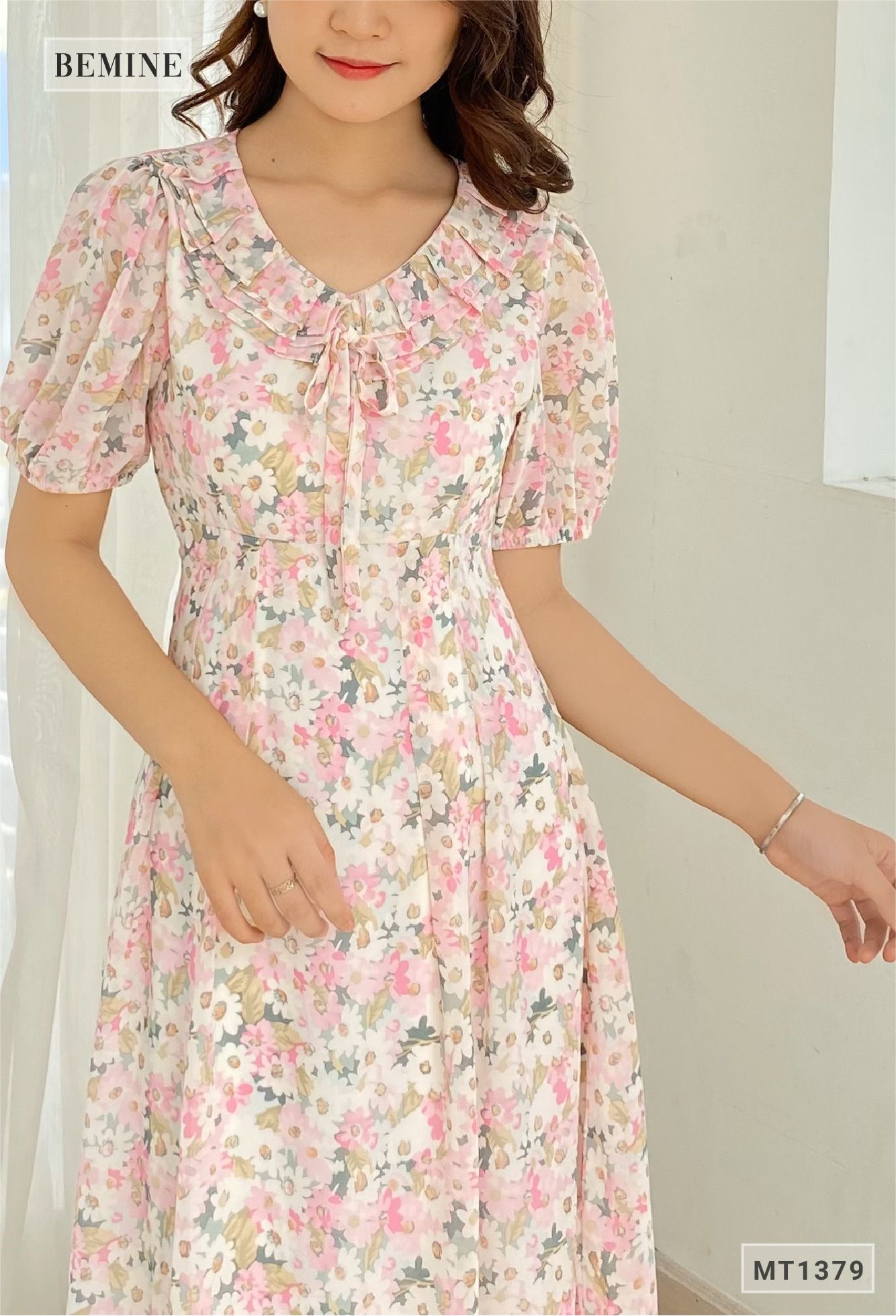MT1379HONGSEN - Đầm hoa cổ tym có nơ