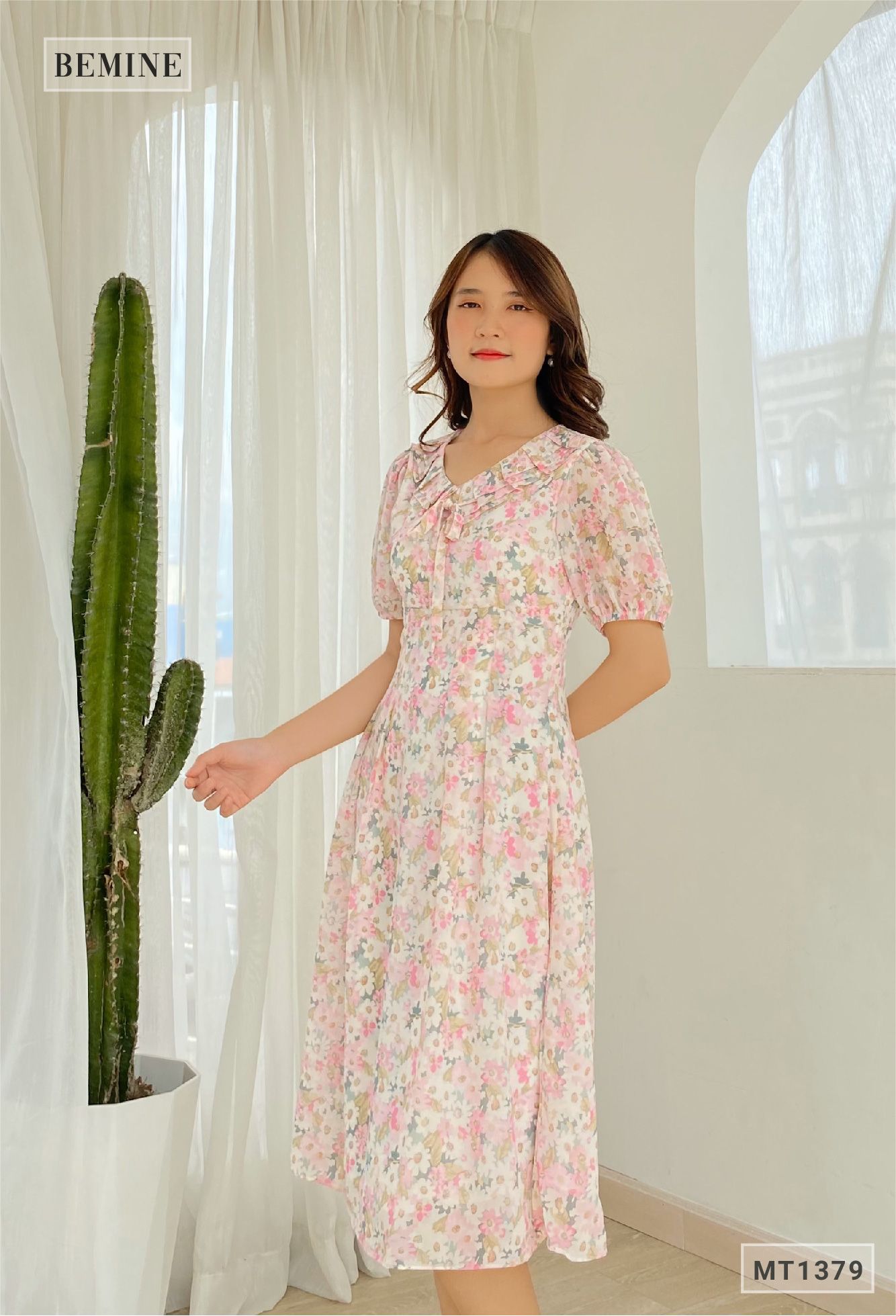MT1379HONGSEN - Đầm hoa cổ tym có nơ