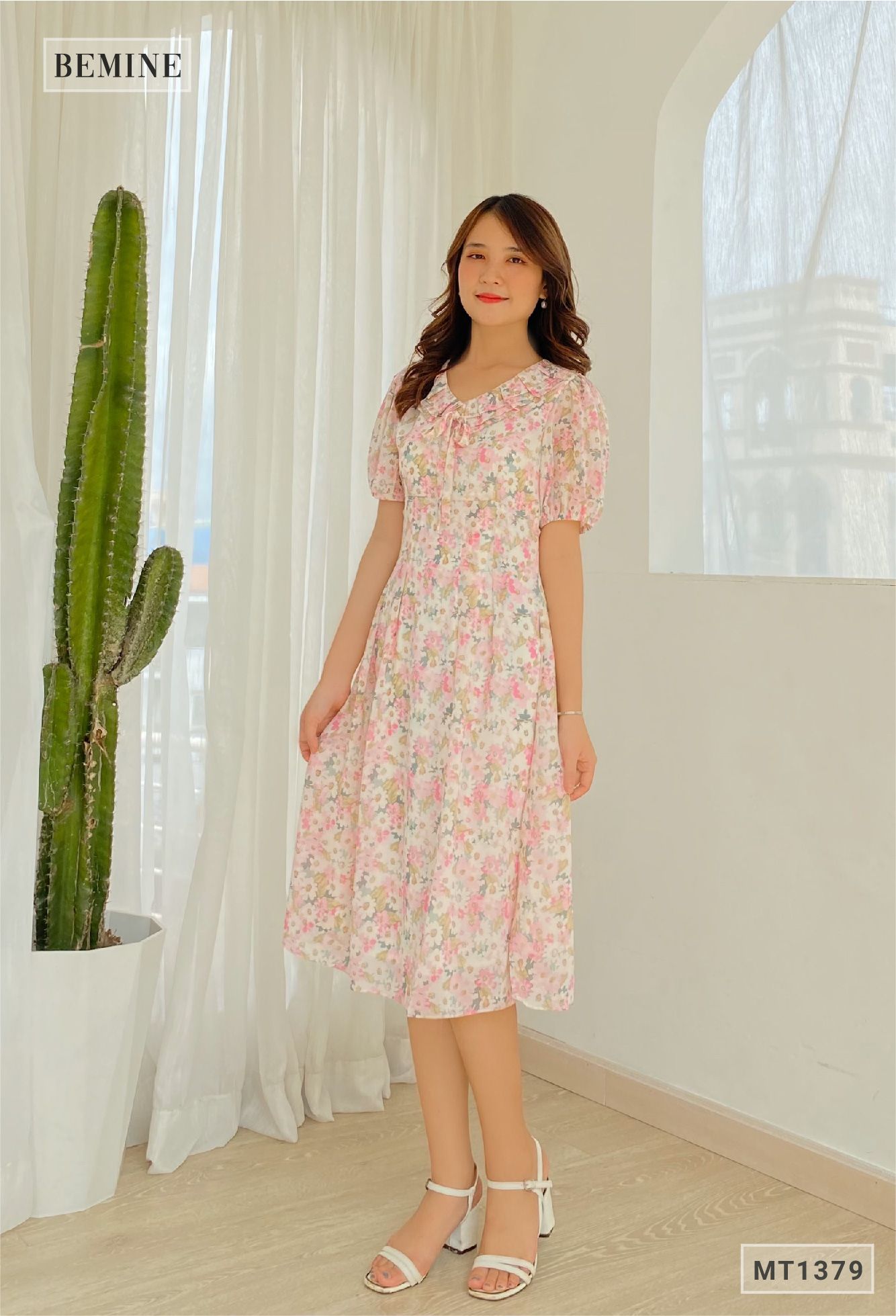 MT1379HONGSEN - Đầm hoa cổ tym có nơ