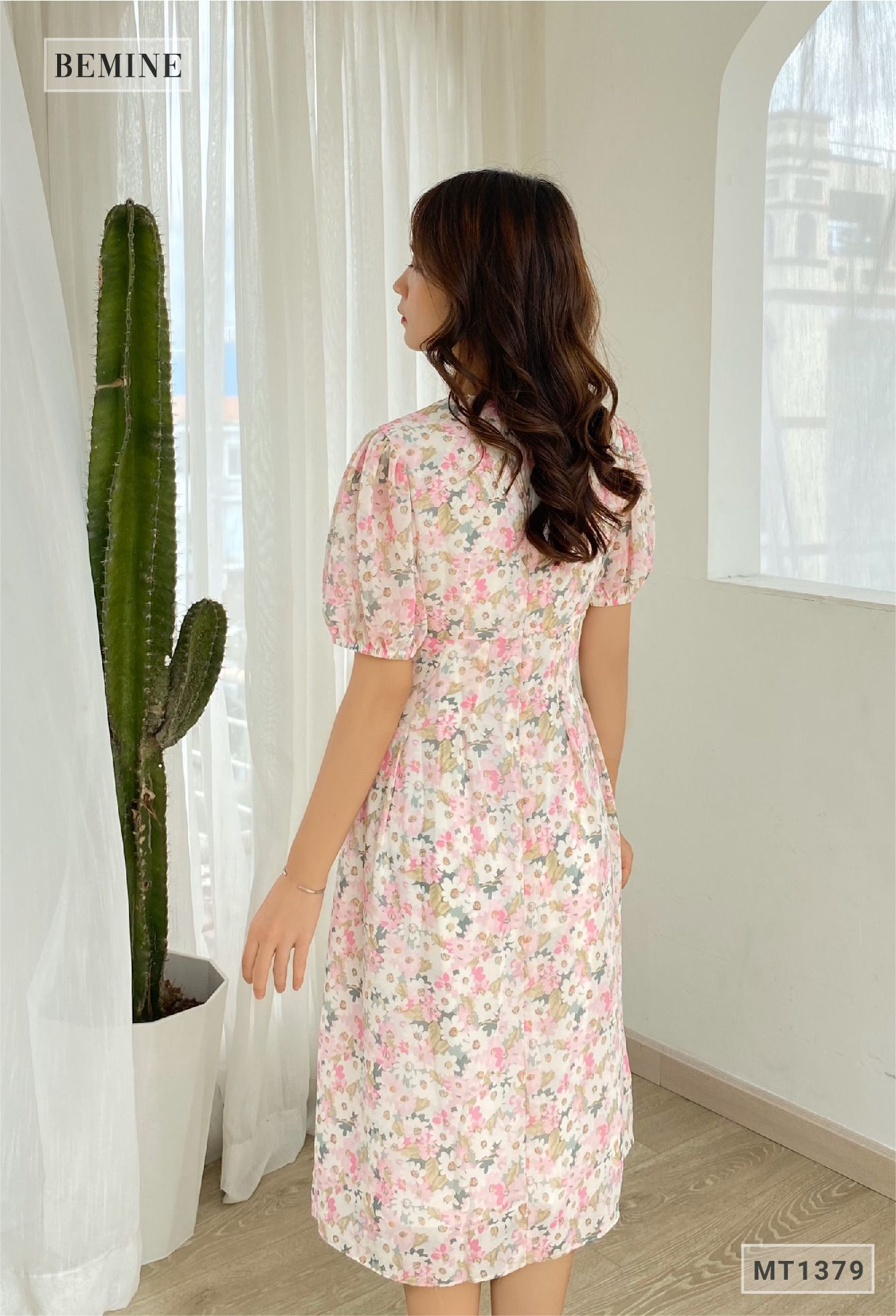 MT1379HONGSEN - Đầm hoa cổ tym có nơ