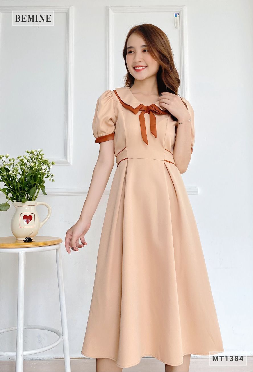 MT1384DA - Đầm cổ phối nơ dây eo