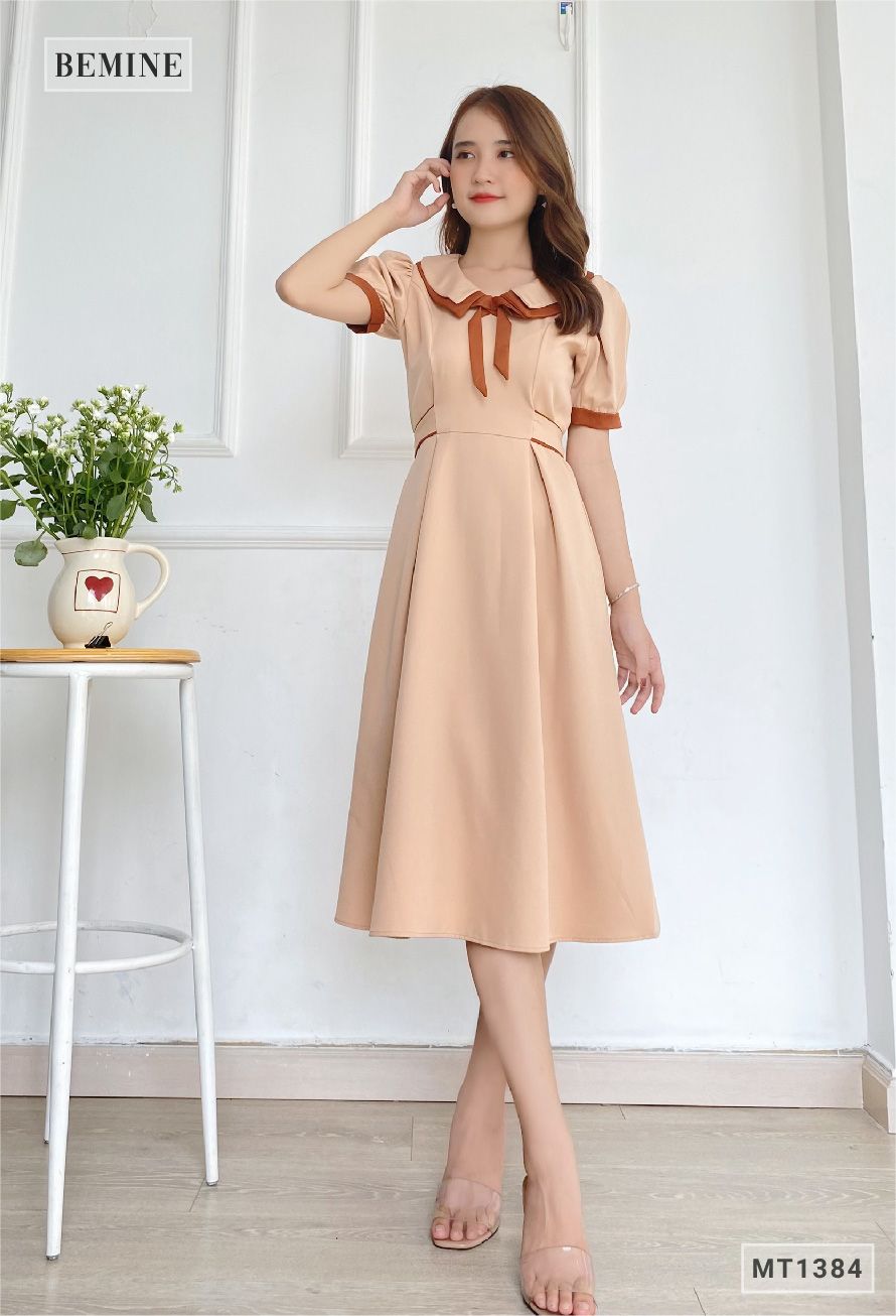 MT1384DA - Đầm cổ phối nơ dây eo
