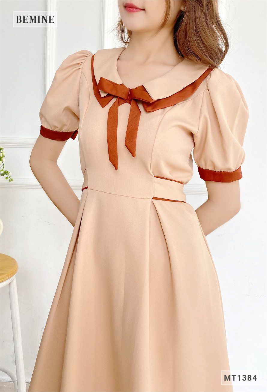 MT1384DA - Đầm cổ phối nơ dây eo