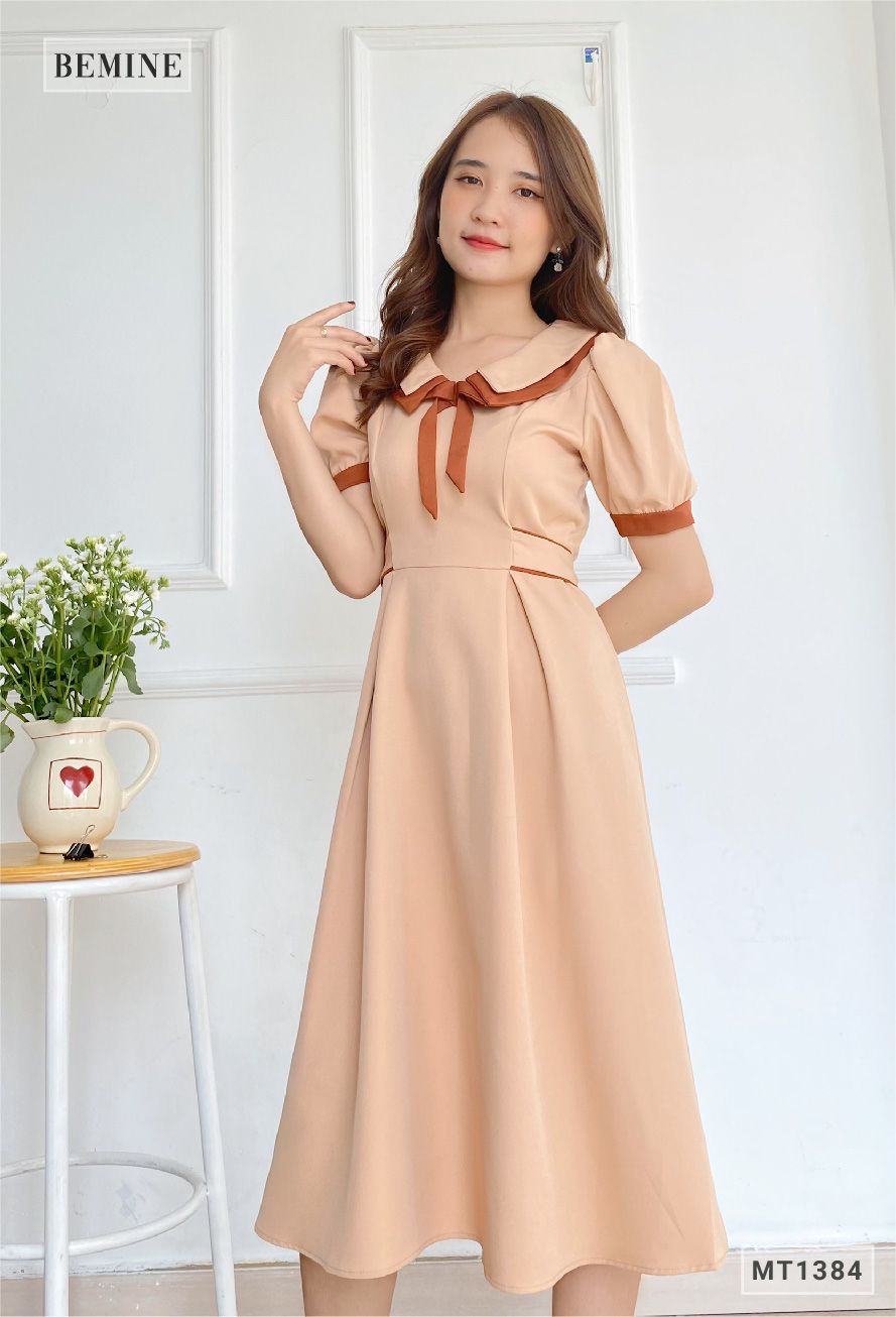 MT1384DA - Đầm cổ phối nơ dây eo