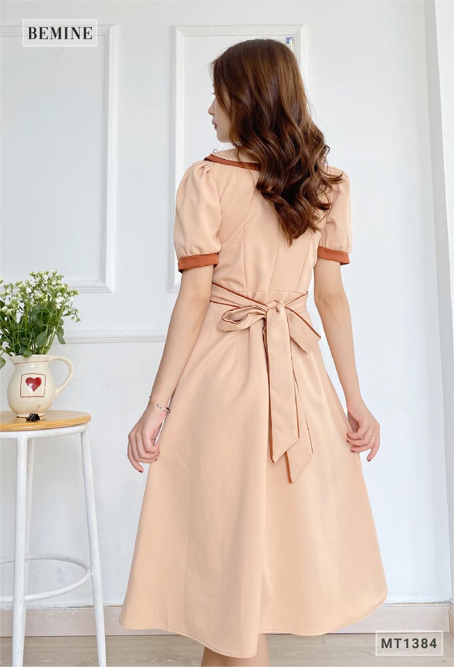 MT1384DA - Đầm cổ phối nơ dây eo