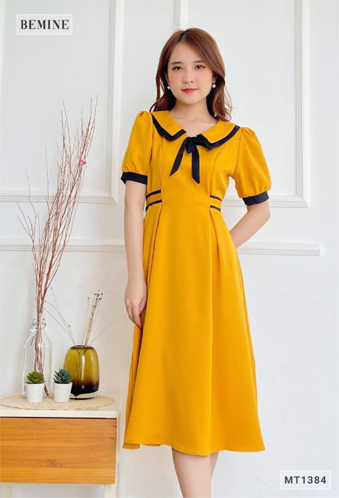 MT1384VANG - Đầm cổ phối nơ dây eo