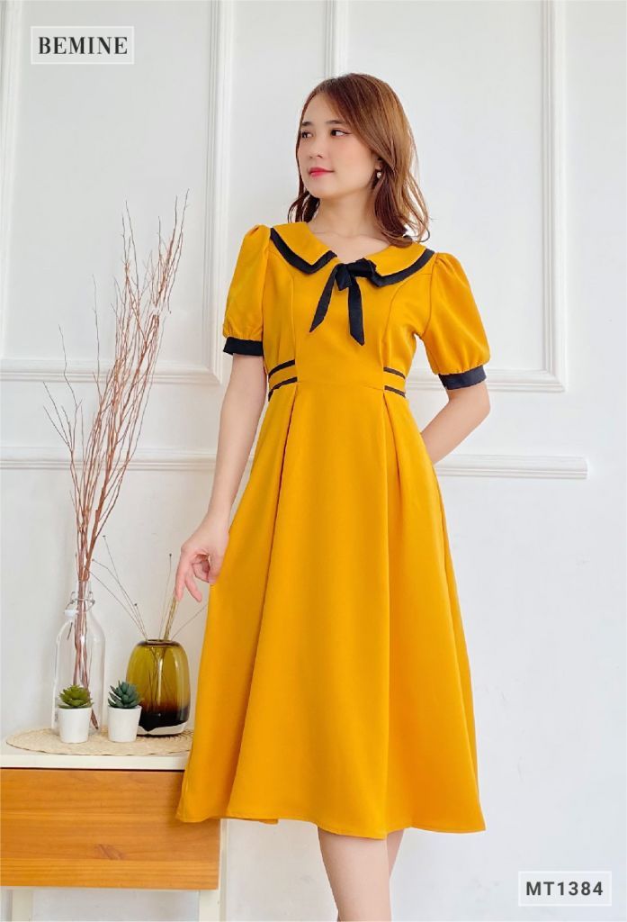 MT1384VANG - Đầm cổ phối nơ dây eo