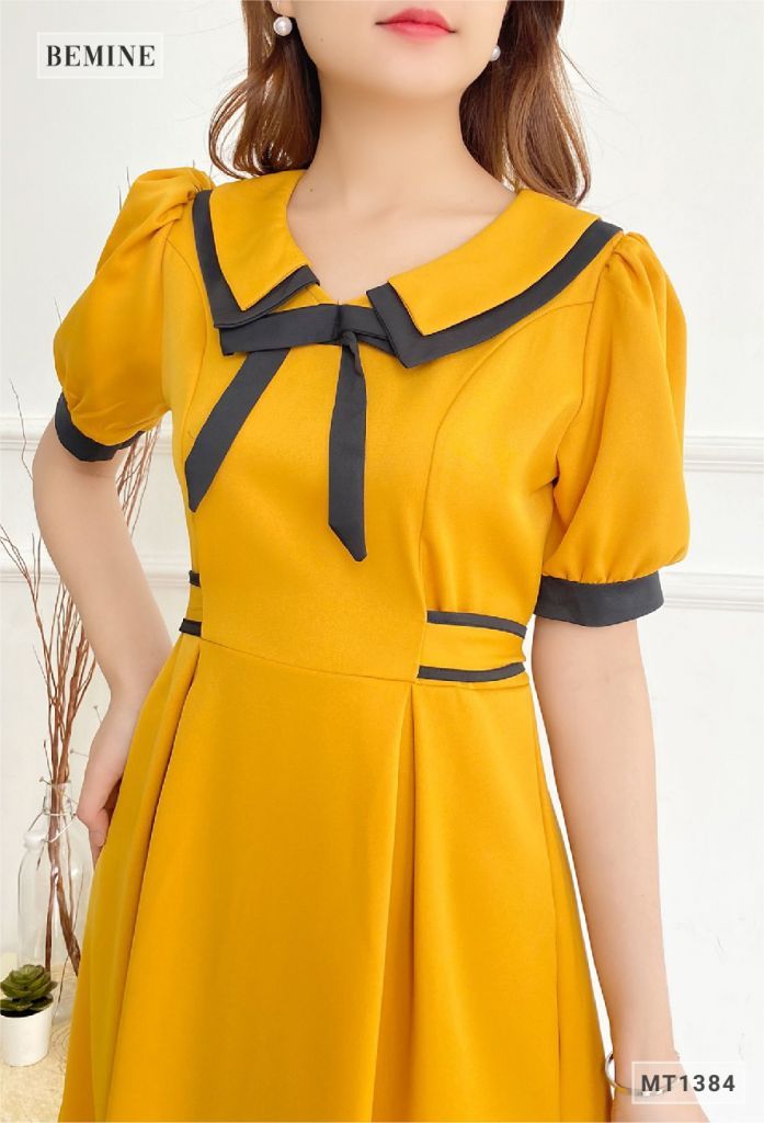 MT1384VANG - Đầm cổ phối nơ dây eo