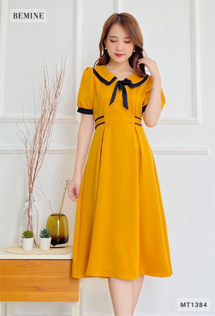 MT1384VANG - Đầm cổ phối nơ dây eo