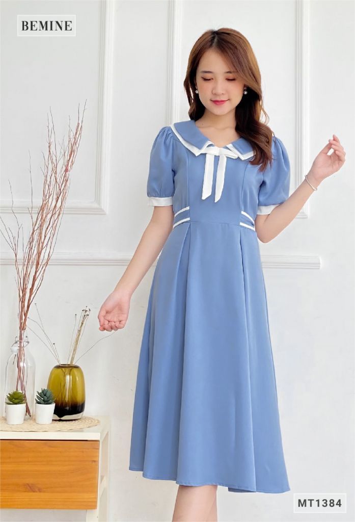 MT1384XANH - Đầm cổ phối nơ dây eo