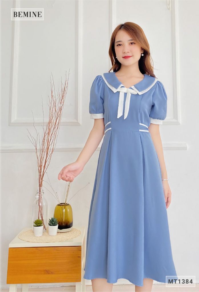 MT1384XANH - Đầm cổ phối nơ dây eo