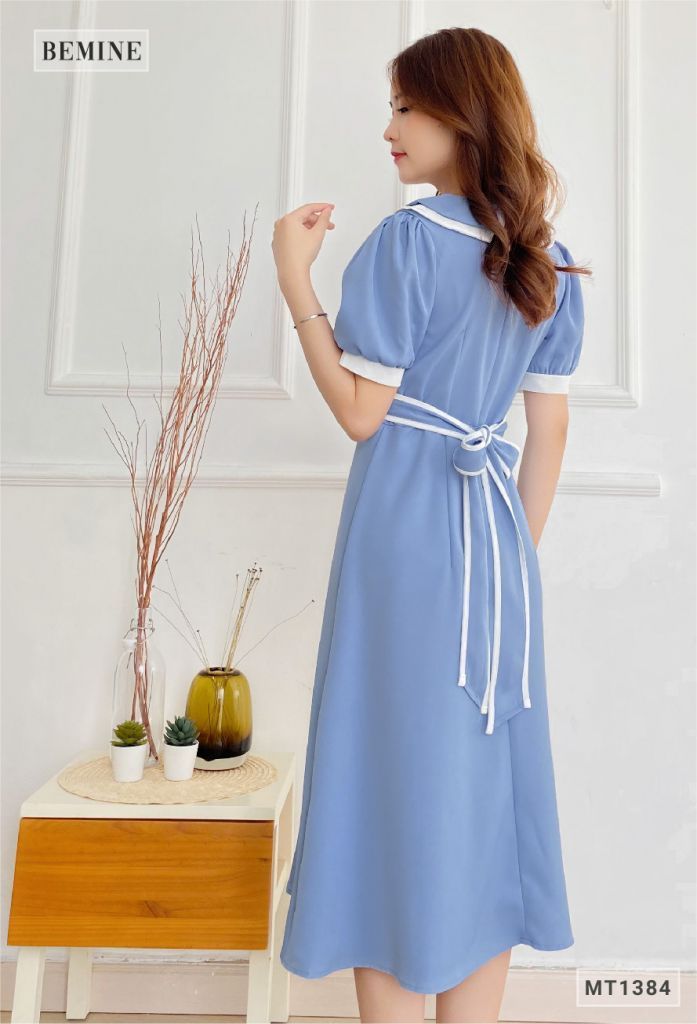 MT1384XANH - Đầm cổ phối nơ dây eo