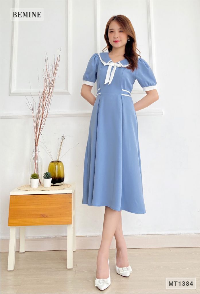 MT1384XANH - Đầm cổ phối nơ dây eo