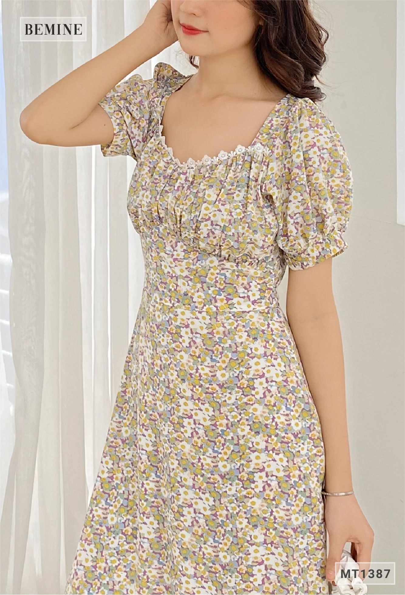 MT1387XANH - Đầm hoa ren cổ dây eo