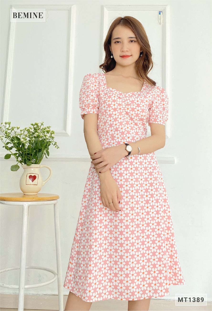 MT1389HONG - Đầm hoa cổ vuông nhún ngực
