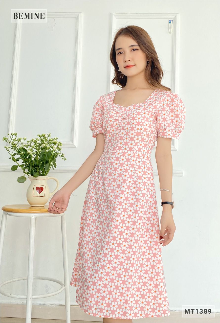 MT1389HONG - Đầm hoa cổ vuông nhún ngực