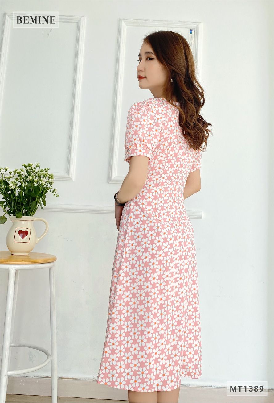 MT1389HONG - Đầm hoa cổ vuông nhún ngực