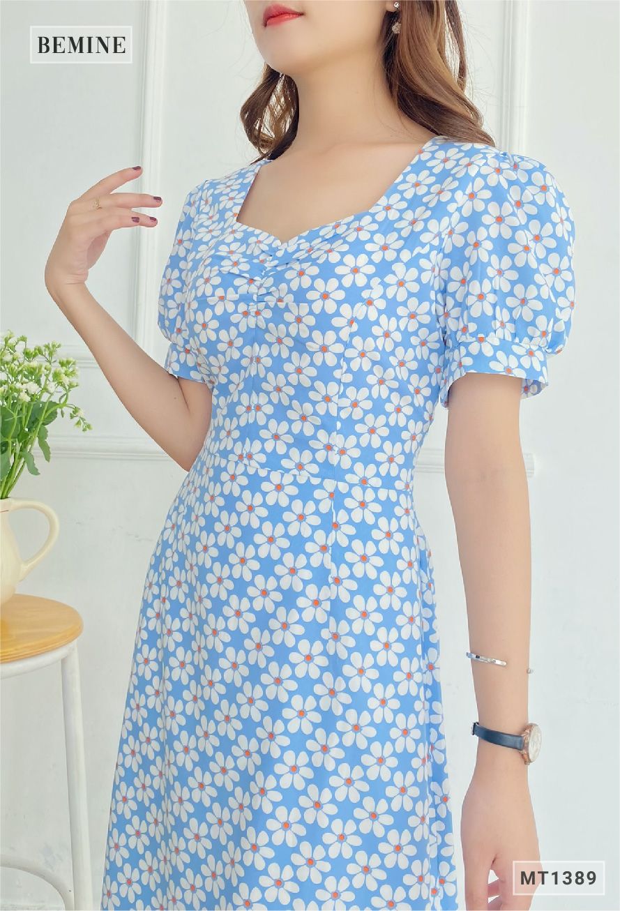 MT1389XANH - Đầm hoa cổ vuông nhún ngực